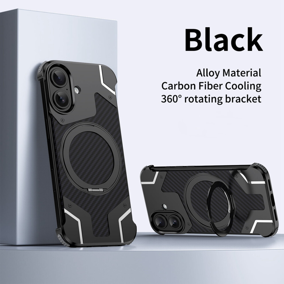 Metal Frameless Shockproof Case For Iphone 16ÂAluminum Alloy & Carbon Fiber, Magsafe-Compatible, 360 Rotating Stand, Black 9178400171802