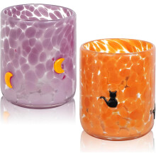 Lot de 2 verres à jus à motifs Halloween (chat et lune), 414 ml (14 oz), sans pied, idéal pour offrir ou pour une fête d'Halloween.