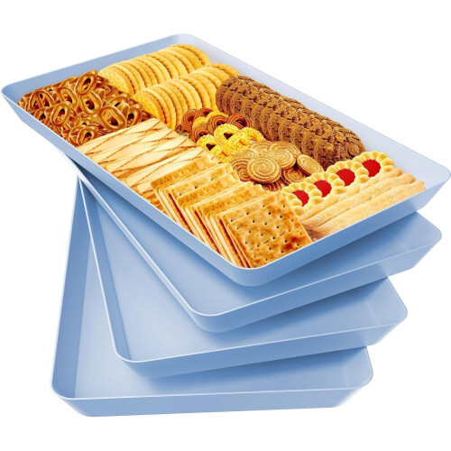 4-Pc Blue Serving Trays for Snacks, Fruit, Desserts – Reusable Plastic Platters for Kitchen & Parties