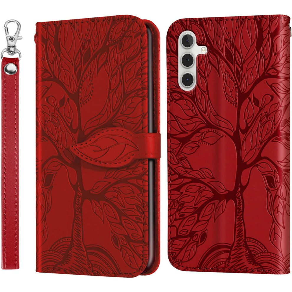 Leather Flip Wallet Case With Wrist Strap & Magnetic Stand For Samsung Galaxy A15 5G Â Life Tree Red 9178400167355