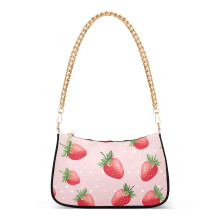 Damen-Schultertasche mit Kette und Erdbeermotiv, klassische Tote Bag, modische Clutch, Hobo-Tasche mit Reißverschluss, ideal für Reisen und Freizeit