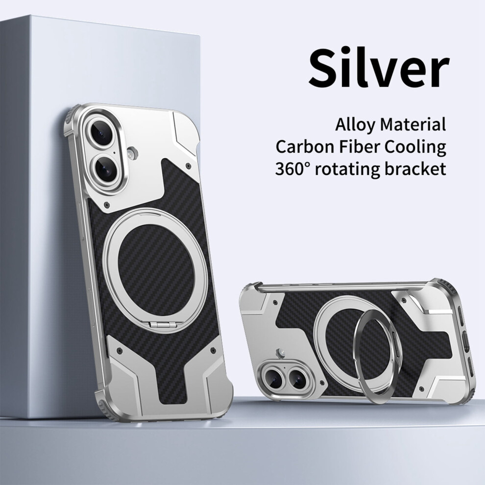 Metal Frameless Shockproof Case For Iphone 16 Â Aluminum Alloy & Carbon Fiber, Magsafe Compatible, 360 Rotating Stand, Silver 9178400170027