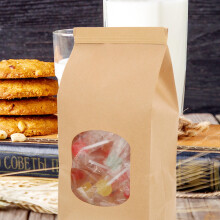 100Pcs Light Brown Paper Cookie Bags with Window for Snack Packaging 9.67X4.52X2.55in