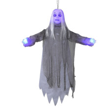Halloween Animated Voice-Activated Hanging Ghost Decor, Scary White Hair Female Ghost with Creepy Sounds & Light-Up Face—Compatible with Haunted