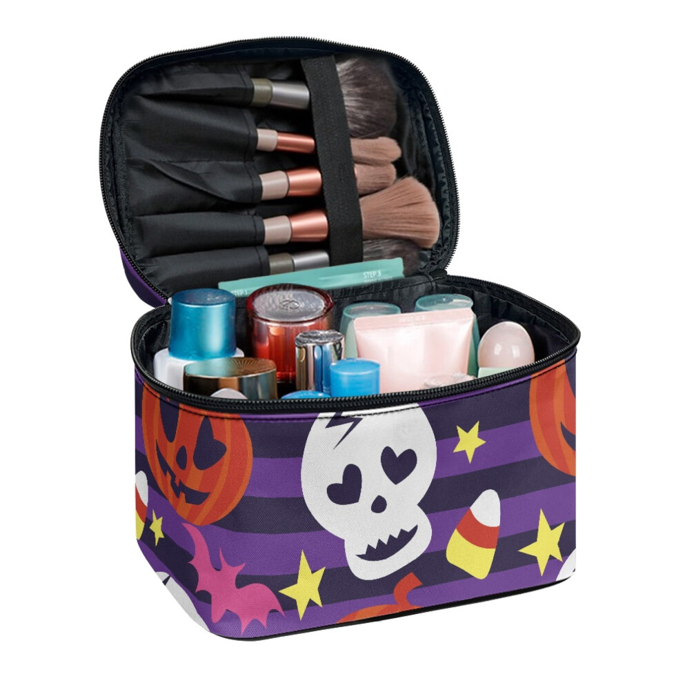 Skull and Pumpkin Pattern Portable Travel Cosmetic Bags Travel Makeup Bag with Brush Compartment Double Zip for Men and Women