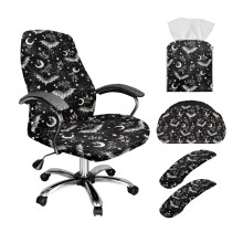 Bat Moon Star Print Office Chair Cover Set, 5 PCS – Stretchable Gaming Slipcovers w/ Armrest Covers, Remote Holder & Tissue Organizer, L