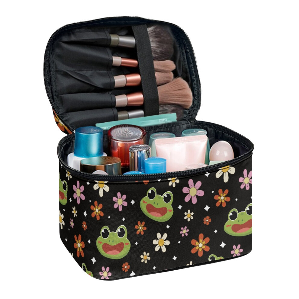Frog Daisy Polyester Top-Handle Cosmetic Bag Travel Cosmetic Bags Storage Pockets 8.86 x 6.5 x 5.9 Inches Practical