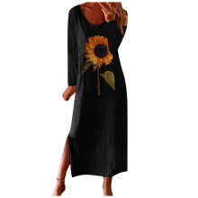 Sun Dresses Women Women's Casual Sunflower Print Long Sleeves Ruffle Dress Print Boho Sundress Mid-Length(Black,L)