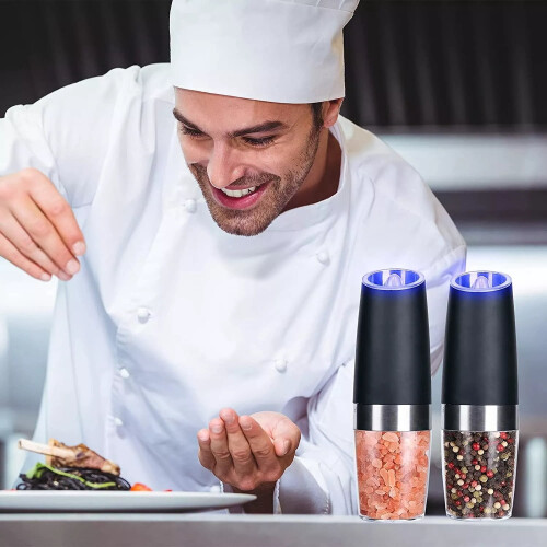 2 Pack Gravity Electric Salt and Pepper Grinder Mill Shaker Adjustable Automatic 1