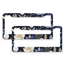 Elegant Navy Blue & White Floral License Plate Frame 2 PCS – Compatible with US & CA