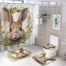 4-Piece Shower Curtain Set with Rugs: Easter Bunny, Laurel Wreath, Spring Floral, Farmhouse Style – Waterproof, Compatible with Standard Bathtubs