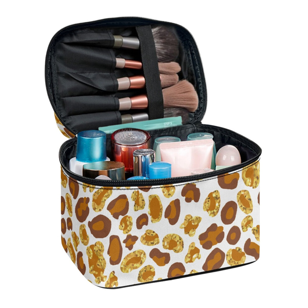 Leopard Print Travel Cosmetic Case with Brush Holder, 8.86"x6.5"x5.9", Valentine's Gift for Women, Teacher, Girlfriend