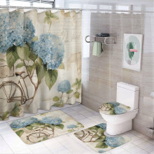 4-Pc Shower Curtain Set with Rug, Blue Hydrangea & Bicycle Design – Waterproof, Durable, Compatible with Standard Showers