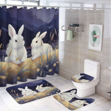 4-Piece Shower Curtain Set with Rug, Toilet Cover & U-Shaped Mat – White Bunnies on Moonlit Field, Easter Rabbit Farmhouse Theme, Compatible with