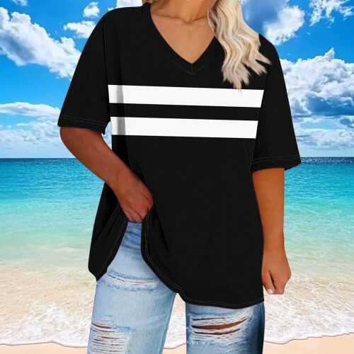 Γυναικεία μπλουζάκια plus size, φαρδιά μπλουζάκια με κοντό μανίκι και λαιμόκοψη V, 2