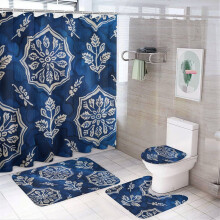 4-Piece Shower Curtain Set with Non-Slip Rugs, Toilet Lid Cover & Bath Mat – Blue/White Geometric Flowers, Waterproof, Vintage Style