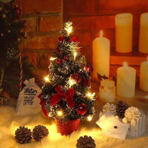 16" Pre-lit Mini Christmas Tree with Bows, Pine Cones & Woven Base – Tabletop Artificial Xmas Tree Decor 2