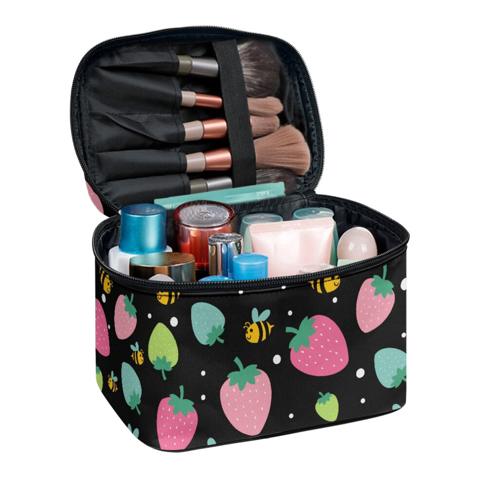 Cartoon Strawberry and Bee Portable Travel Cosmetic Case Organizer Cosmetic Bags Effortless Organization Beauty Brush Holder Bridesmaid