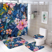 4-Pc Shower Curtain Set with Non-Slip Rug, Toilet Lid Cover & Bath Mat – Vintage Floral, Waterproof, Compatible with Standard Bathtubs