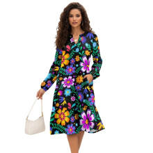 Women's Midi Dress Work Size XL Flowy Loose Elastic Comfy Dress Elegant Long Sleeve Midi Fashion Clothes, Colorful Flower