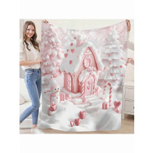 Cozy Pink Gingerbread House Throw Blanket - Reversible Flannel Fleece, Snowman & Tree, All-Season, Washable, Gift, Home Decor