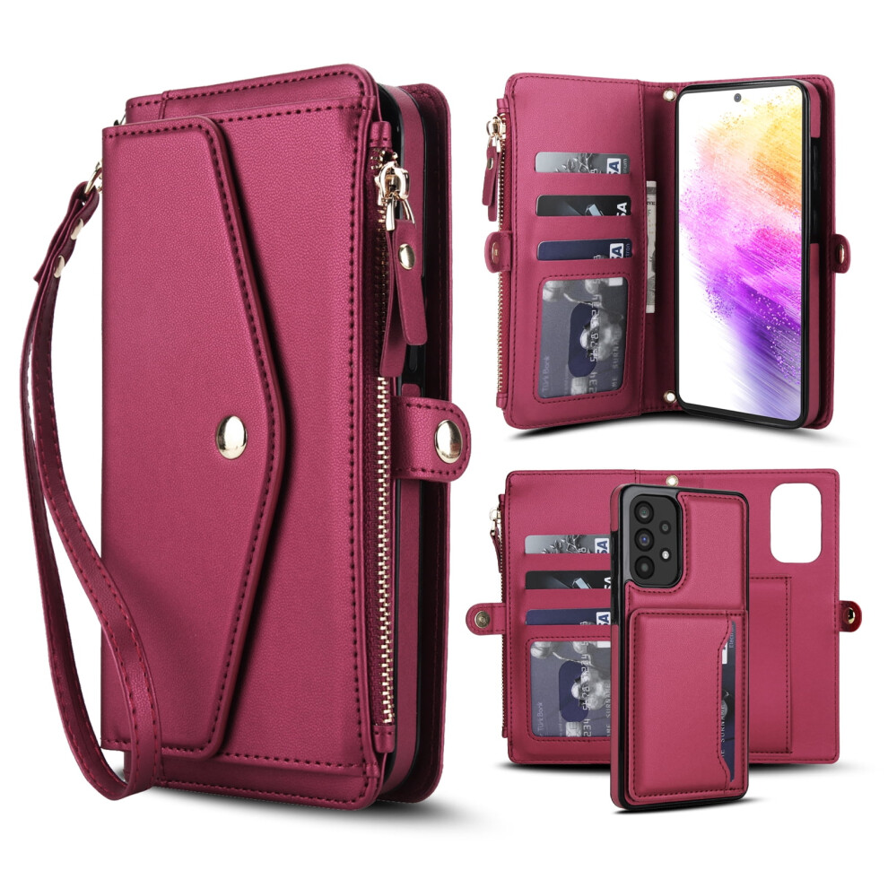 Detachable Magnetic Leather Wallet Case For Samsung Galaxy A54 5G, Magsafe-Compatible, Shockproof, With Card Slots, Wrist/Shoulder Strap Â Red 9193271254621