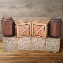8 Pcs Western Cowboy Party Decor: Rustic Cardboard Boxes, Hay Bales, Wood Grain & Wine Barrel Props—Compatible with Farmyard Themed Parties &