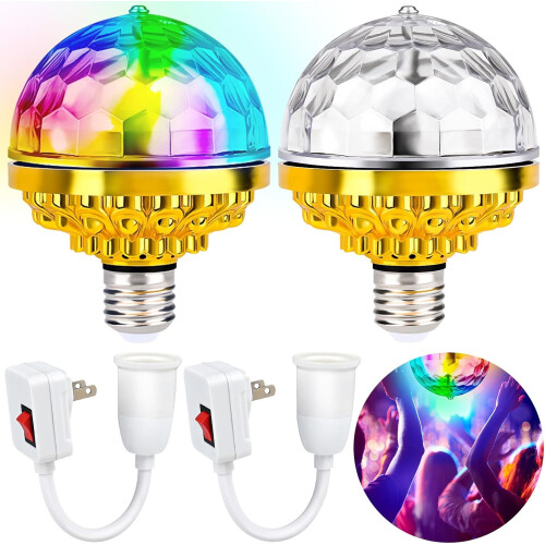 2-Pack Disco Ball Light with E27 Socket, Rotating RGB LED Projector Lamp, Compatible with E27 Bulbs