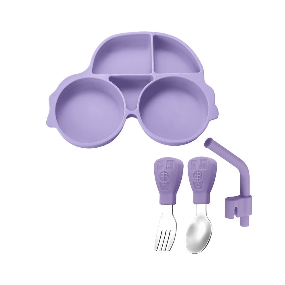 Car-Shaped Silicone Divided Plate with Stainless Steel Spoon, Fork, Straw – Compatible with Toddler Feeding