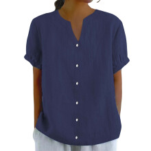 Blusa de lino azul marino de manga corta con botones para mujer, talla XXL