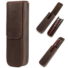Leather dual Pen Case,2-Slot pen storage box with Removable Pen Tray,Fashion drawer style pen holder with suction cover,Rectangular Pen Case,Brown