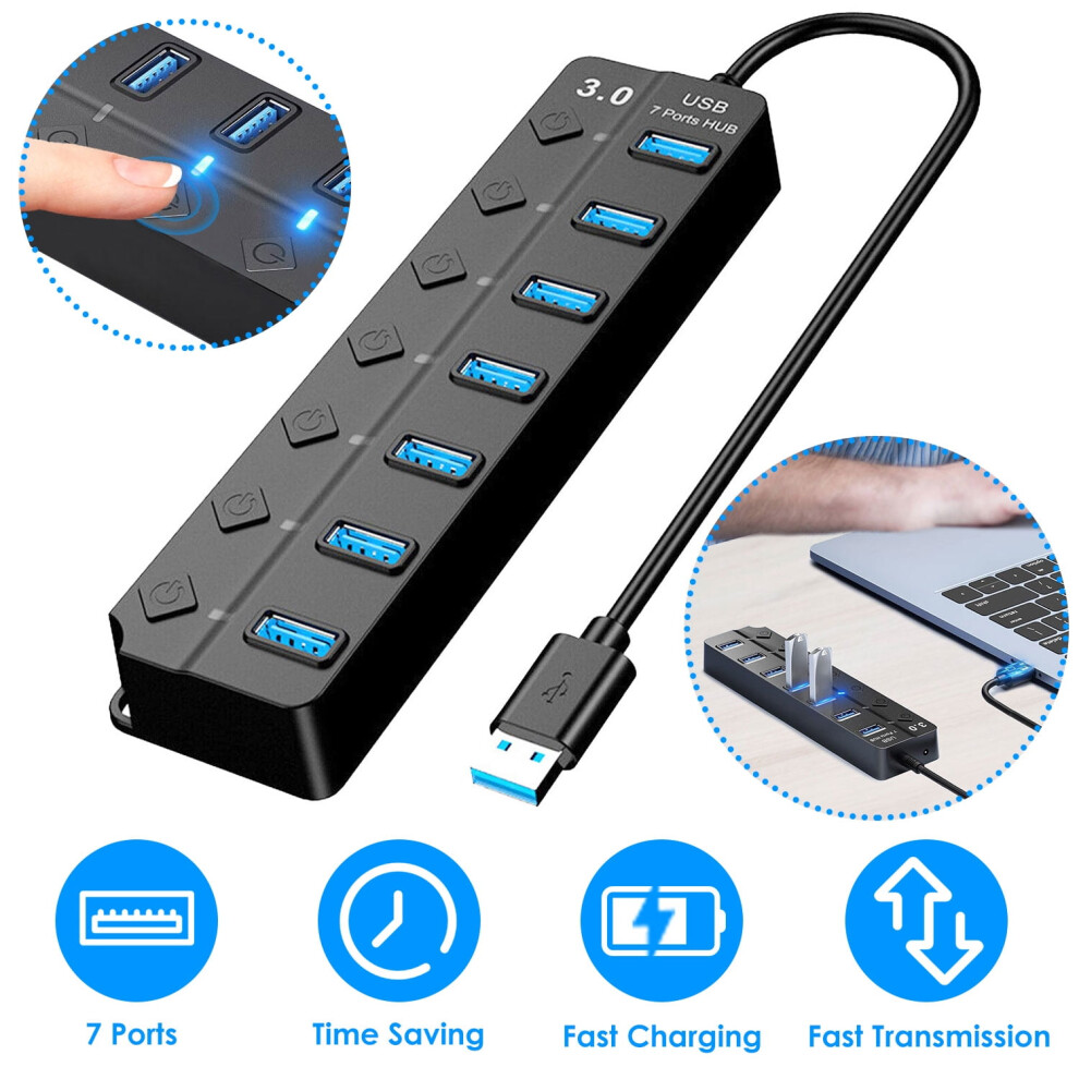 Powered Usb Hub 3.0, 7-Port Usb Data Hub Splitter With Individual On/Off Switches, Usb Data Extension For Macbook, Mac Pro/Mini And More 9152228758742