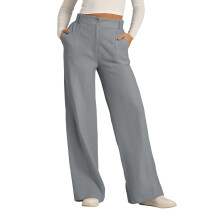 Women's High Waist Cotton Linen Wide Leg Trousers, Button Up, Pockets, Straight Fit – Gray, S-2XL