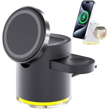 4-in-1 Wireless Charging Station, 15W Fast Charging with Night Lights & Magnetic Foldable Dock Stand