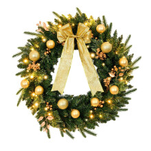 24" Battery-Operated Pre-Lit Christmas Wreath with Remote, 50 Warm White LEDs & Gold Ornaments – Indoor/Outdoor Decor