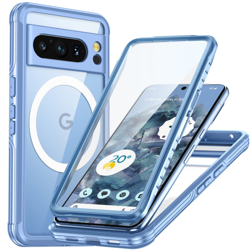 Clear Magnetic Case For Google Pixel 8 Pro W/ Built-In Tempered Glass, Compatible With Magsafe, Rugged Shockproof, 6.7", Blue 9193271255079