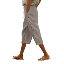 Women's Wide Leg Cotton-Linen Pants with Pockets, High Waist & Elastic Waist, Boho Beach Trousers, Khaki, S-2XL