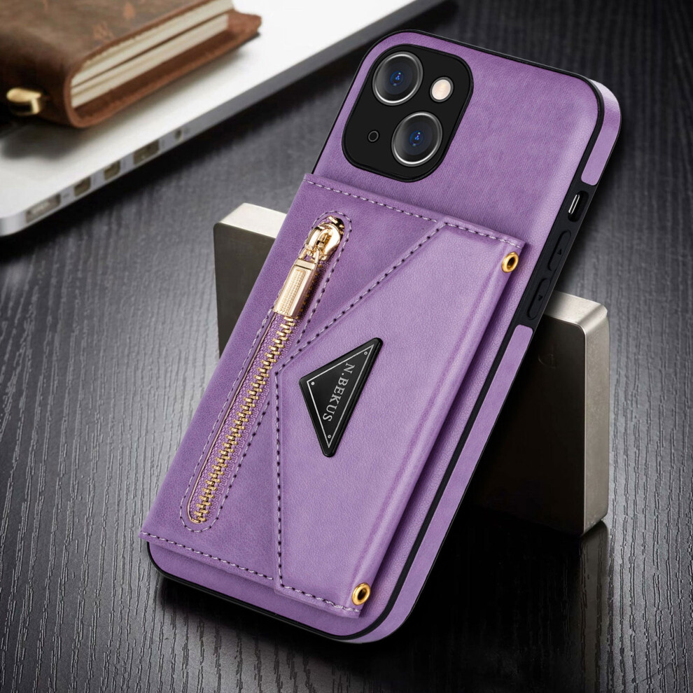 Card Holder Wallet Case For Iphone 13 6.1-Inch, Shockproof Pu Leather & Silicone Hybrid Cover With Kickstand & Shoulder Strap, Purple 9193271255772