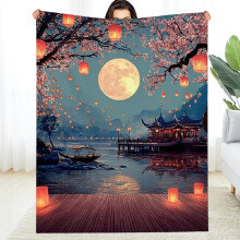 Cherry Blossom & Moonlight Flannel Blanket, 30x40in – Soft, Warm, Durable for Bed, Sofa, Travel, Camping; Multi-purpose Gift – Compatible with All