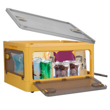 Collapsible Storage Bins, 70QT/66L-L with Lid 4 Doors Stackable Closet PP Space Saver Organizer Containers with Lock 4 Wheels Yellow