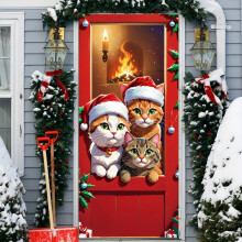 Lindos gatos Feliz Navidad Cubierta para puerta, divertida pancarta de gatos Decoración para puerta principal Pared Ventana Suministros para fiesta