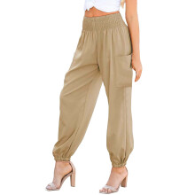 Boho-Business-Casual-Cargohose für Damen mit hohem Bund, gerafftem Stoff und Taschen, leicht, Khaki, Größe XXXXXL