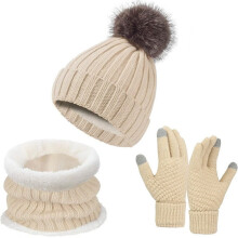 Women's Winter Knit Beanie + Scarf + Touchscreen Gloves Set, Faux Fur Pom, Fleece-Lined, Cold Weather Gift (Beige)