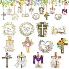 Décorations de Pâques pour sapin, ornements religieux (12 pièces), lys, croix, couronne épineuse – Décoration en bois à suspendre pour la