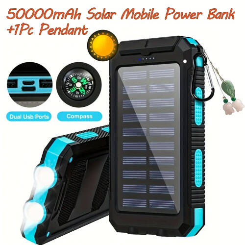 Φορητή ηλιακή τράπεζα ενέργειας 50000mAh με διπλή USB, φορτιστή ηλιακού πάνελ, φακό LED 1