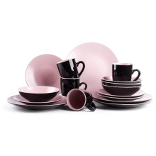 Stoneware Two-Tone Colors Life 16pc Dinner Set，Outside Shiny Black + Inside Matte Glaze Rose