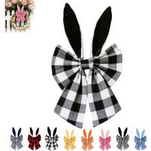 16" Easter Bunny Ears Wreath Bow, Rustic Buffalo Plaid Fabric Bow for Wreaths, Tree Topper, Door & Wall – Spring Holiday Decor
