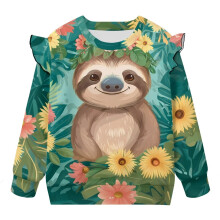 Soft Toddler Girls Tropical Sloth Pullover Sweatshirt with Ruffle Shoulders, Size 1-2, Oversized Fall Long Sleeve Top