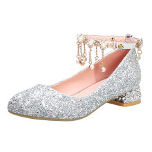 Girls' Mary Jane Dress Shoes – Glitter Princess Flats with Flower, Low Heel, Silver; Compatible with Toddler to Big Kid (10.5–11 Years)