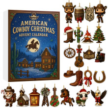 2025 American Cowboy Christmas Advent Calendar, 24 Unique Western Themed Ornaments for Home Office Classroom Holiday Decorations